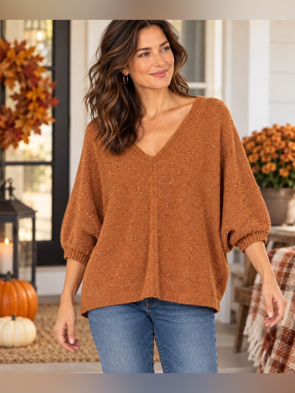 J.Jill Pure Jill Double-V Tweed Knit Sweater Copper Brown Multi L